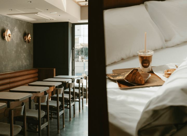 THE ORDY BAKERY内観（左）、部屋でコーヒーやクロワッサンと共にゆったりとした時間を過ごすことができる（右）