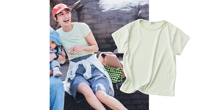 マカフィーのベロア素材のキレイ色Tシャツとグレーのハーフパンツを合わせた着こなし