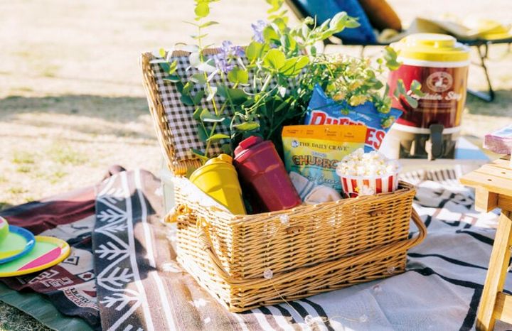 キャンピング蓋付バスケット［H38×W26×D19］ ¥6,578、 フラップリッドタンブラー イエロー、レッド 各¥1,628、インドシグネチャーラグ 各¥4,400（すべてキャプテンスタッグ）