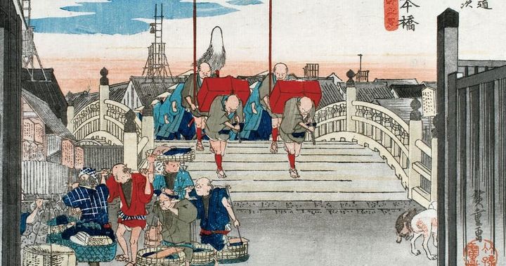 歌川広重筆「東海道五十三次之内日本橋」、江戸時代の視覚障がい者はたくましく生きていた