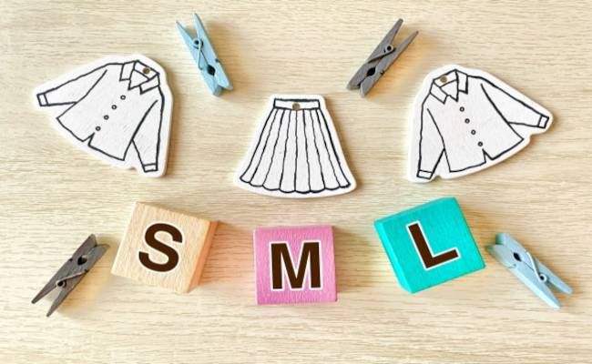 小さな洗濯バサミとシャツ、スカート、「SML」のブロックのイメージ