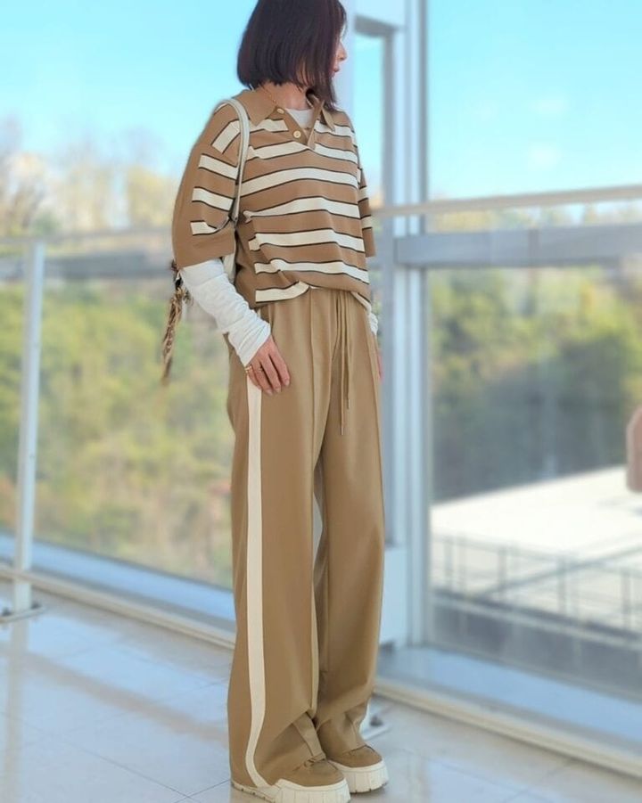 「GU」（rokh/ロック・ファン） ニットポロシャツ by rokh（メンズ）、トラックパンツ by rokh