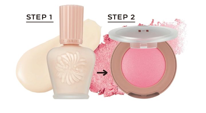 （左）モイスチュアライジング ファンデーション プライマー 01 SPF15・PA+ 30ml ￥3850／ポール & ジョー ボーテ （右）トゥルーディメンショングロウチーク G001 ブラッシュオン ￥2750／hince