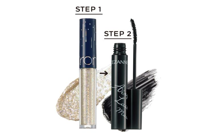 （左）ロムアンド ザユニバース リキッドグリッター 01 ￥1100／PLAZA （右）エアリーロングラッシュマスカラ ブラック ￥638／セザンヌ化粧品