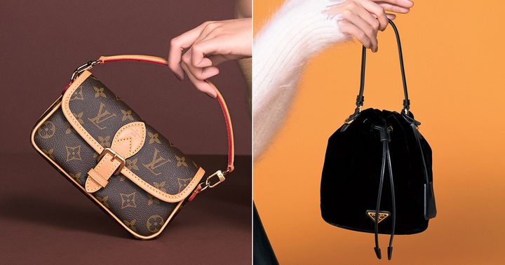 ルイ・ヴィトンのミニバッグ「ナノ・ディアヌ」とプラダのベルベットのミニ巾着バッグ