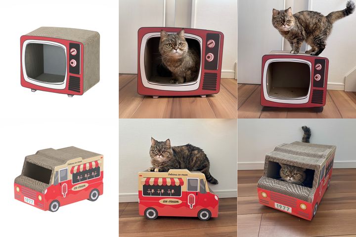 ブラウン管とアイスワゴンに猫はお似合い、遊べて映える爪とぎ2種類