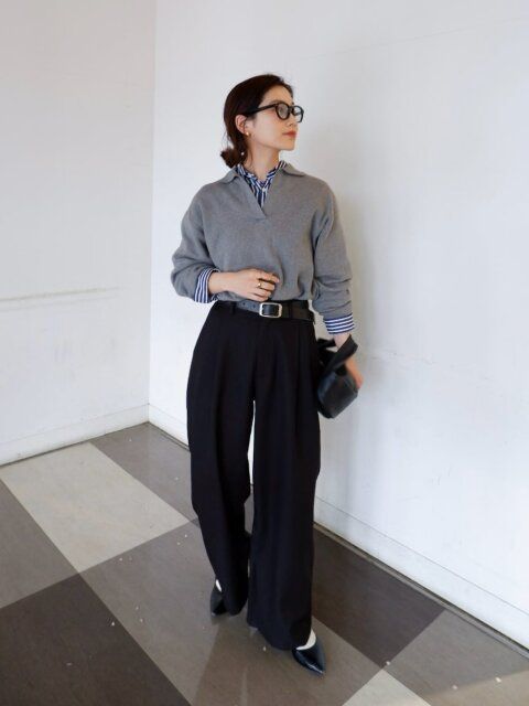 黒ワイドパンツコーデ1