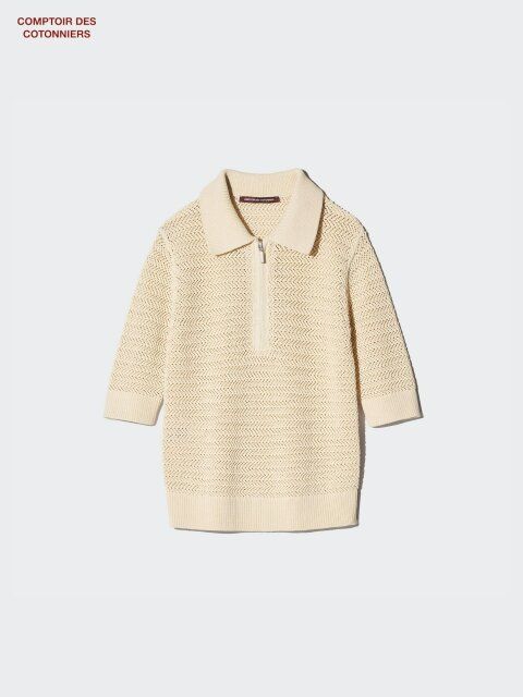 ユニクロのコットンオープンワークジップポロセーター