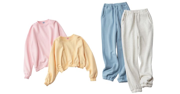 シールームリンのピンク色とイエローのスウェットとブルーとライトグレーのスウェットパンツ
