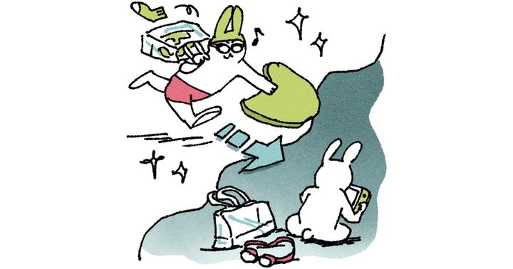 ウサギが喜んでスイミングに行く様子からスイミングの荷物を横に置いてゲームをするようになったイラスト