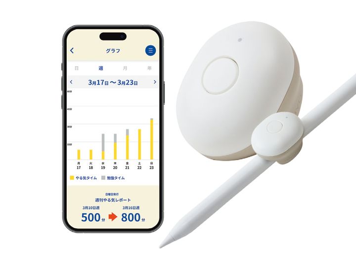コクヨの大人のやる気ペン。筆記具やスタイラスペンに取り付けると、加速度センサーが勉強した時間など日々の努力を「やる気パワー」として記録。