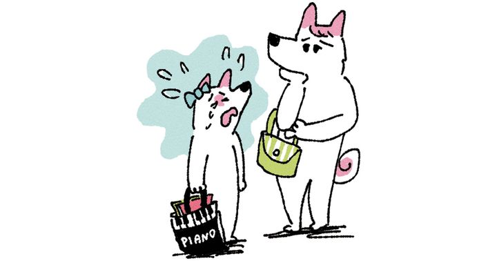 ピアノバッグを持って泣いている子犬と困っているお母さん犬のイラスト