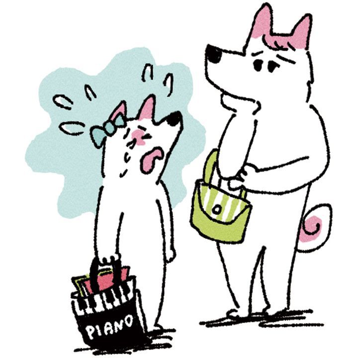 ピアノバッグを持って泣いている子犬と困っているお母さん犬のイラスト