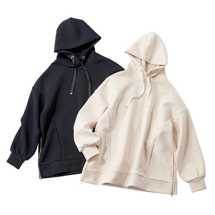 Emma Taylorのサイドジップダンボールニットフーディの白とネイビーの置き画