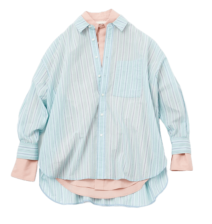 ストライプの配色から拾ったピンクを挿し色にシャツ2枚を重ね着！