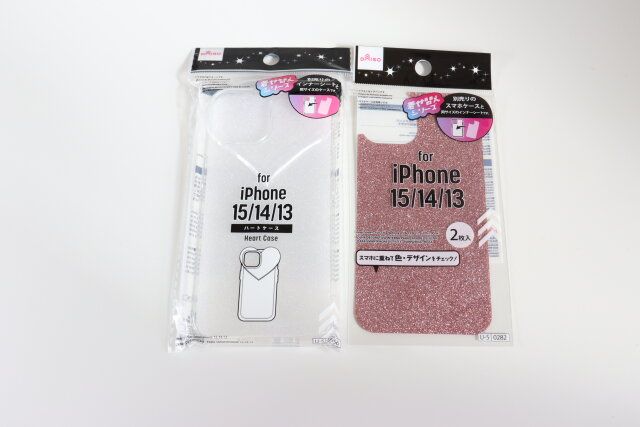 ダイソー ハートケース（アイフォーン用、15＆14＆13） インナーシート（アイフォーン用15＆14＆13、ラメ、ピンク） パッケージ