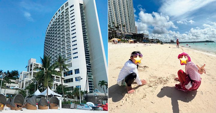 グアムのホテル外観とビーチで遊ぶ子どもたち