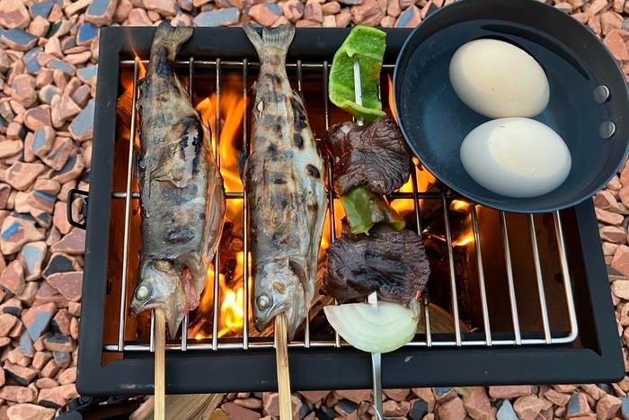 Mt.SUMIの薪ストーブマイクロで魚や肉を焼いているところ