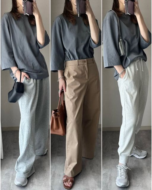 グレーのクルーネックTシャツ7分袖を着たコーデ3体