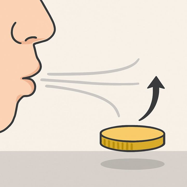 コインの上部に水平に息を吹くとコインが高く吹き飛ぶ。これは空気の流れの速い場所は圧力が下がること揚力が生まれるから。