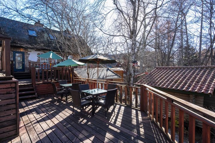 木々に囲まれたウッドデッキのテラスでパンを。ワンちゃん連れも大歓迎