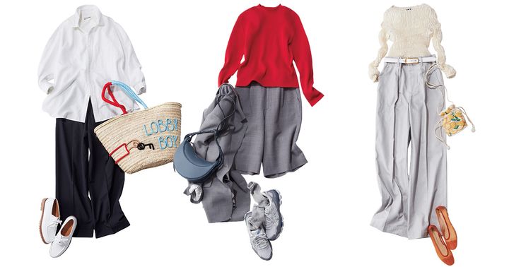 白シャツとネイビーのワイドパンツのコーデと赤ニットとグレーハーフパンツのコーデとプリーツトップスとグレーワイドデニムのコーデ