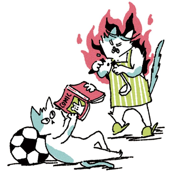 サッカーボールを枕にして漫画を読んでる子ども猫とそれを見て怒っているお母さん猫のイラスト