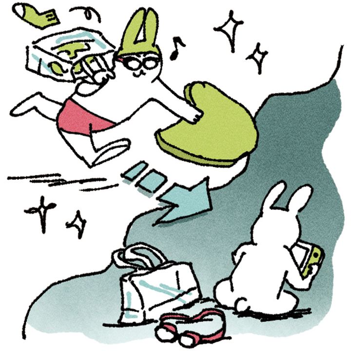 ウサギが喜んでスイミングに行く様子からスイミングの荷物を横に置いてゲームをするようになったイラスト