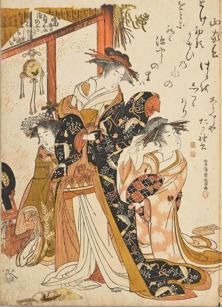 北尾政演（山東京伝）画『吉原傾城新美人合自筆鏡』に描かれた大文字屋の遊女・誰袖（たがそで）、中央