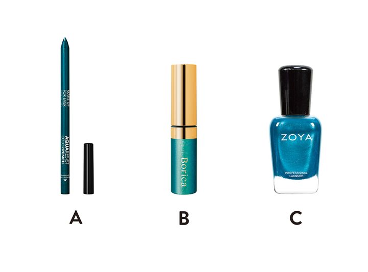 使用アイテム。アクアレジスト カラーペンシル 7、Borica 美容液カラーマスカラ 103、ZOYA ネイルカラー ZP792