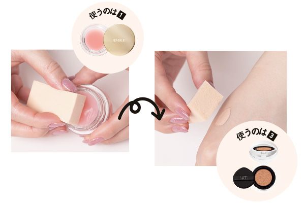 バーム（使うのは【1】）とファンデ（使うのは【3】）少量を手の甲で混ぜる