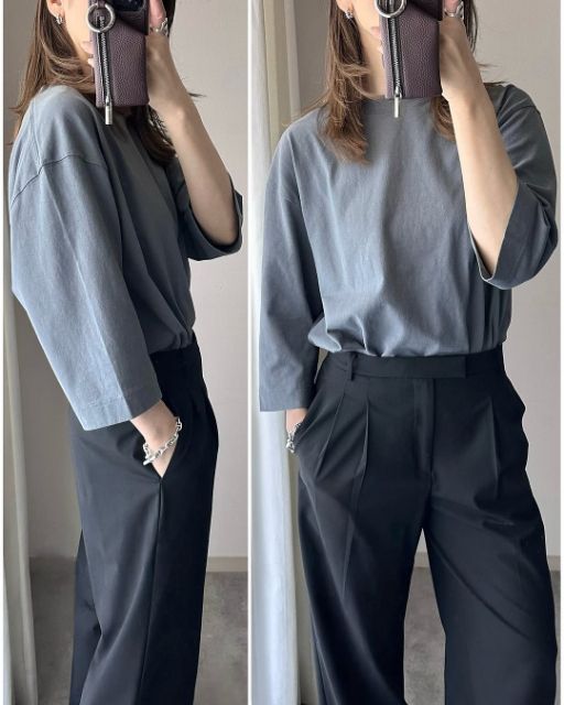 グレーのクルーネックTシャツ7分袖を着たコーデ