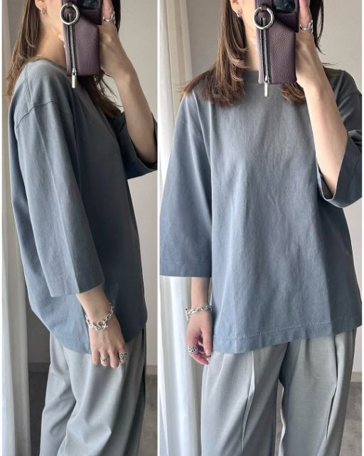 グレーのクルーネックTシャツ7分袖を着たコーデ