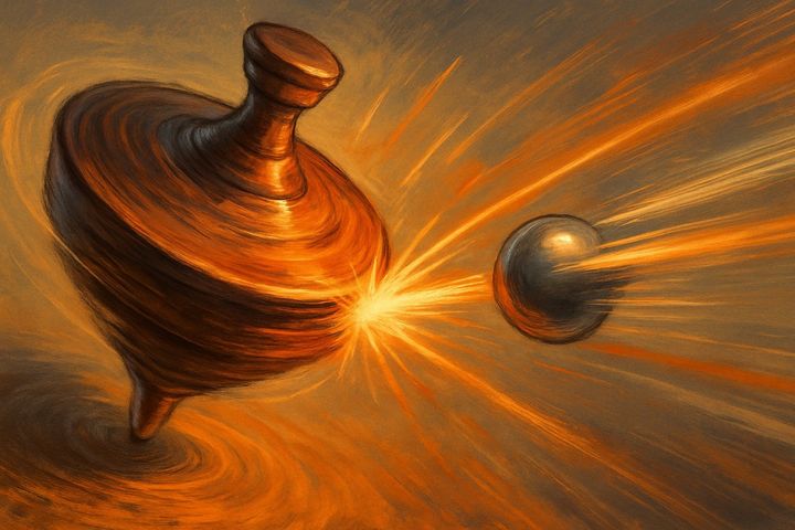 最も簡単なイメージは回転するコマと弾き飛ばされるBB弾です。