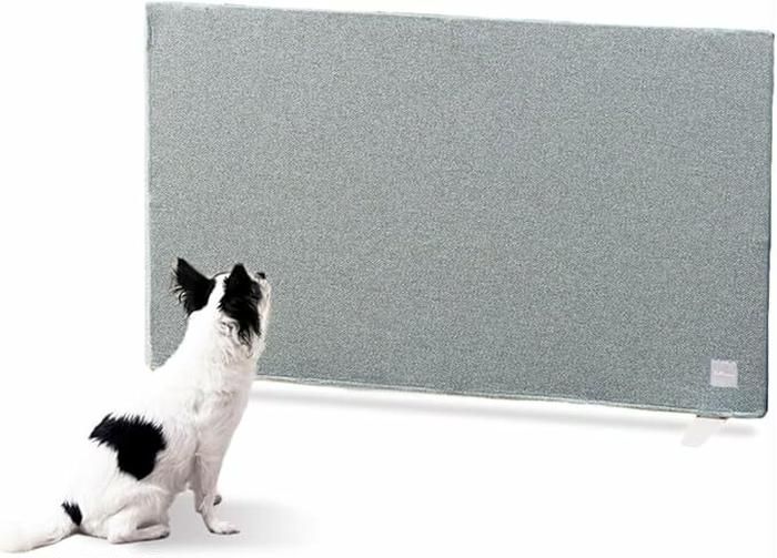 ペットゲートを見上げる犬