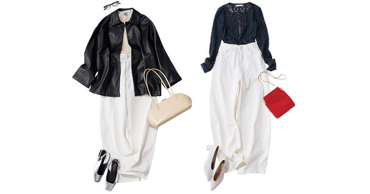 プリーツトップスと白デニムにエコレザージャケットを羽織ったコーデと透け感トップスに白デニムを合わせたコーデ