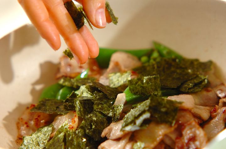 簡単スナップエンドウ お弁当にも！豚肉のり炒め by増田 知子さんの作り方2