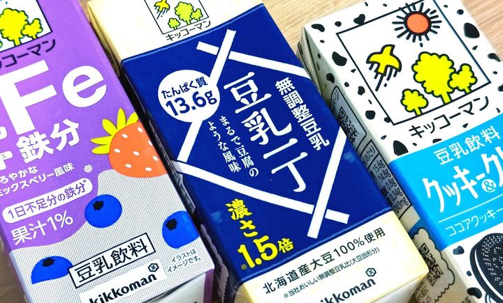新発売された「キッコーマン 豆乳＋鉄分」（左）と「キッコーマン 豆乳一丁」