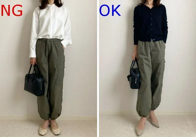 大人女子カーキカーゴパンツNG＆OKコーデ