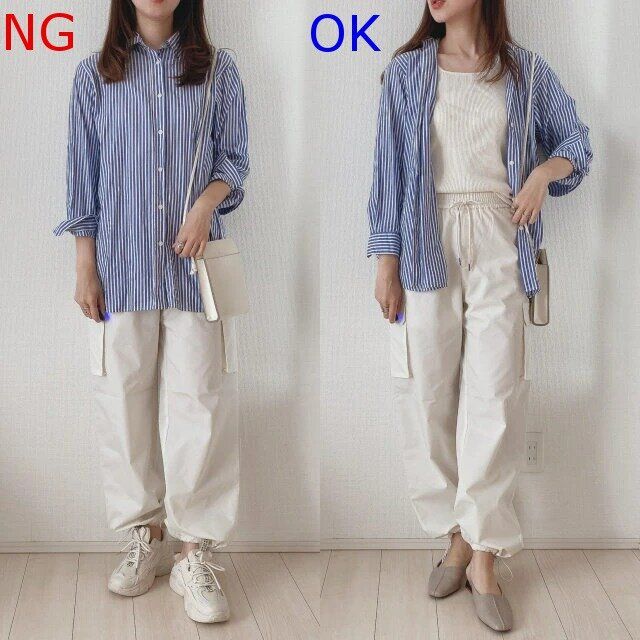 大人女子ストライプシャツと白カーゴパンツNG＆OKコーデ