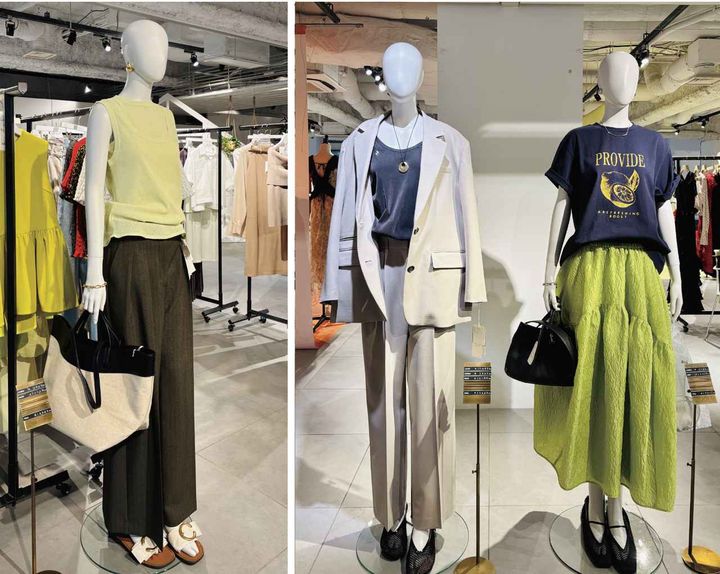 画像: （写真左）トップス￥6,600、パンツ￥12,100 （写真中央）ジャケット￥17,600、トップス￥5,500、パンツ￥12,100、ネックレス￥5,940 （写真右）Tシャツ￥5,280、スカート￥13,970、バッグ￥12,100／全てMila Owen