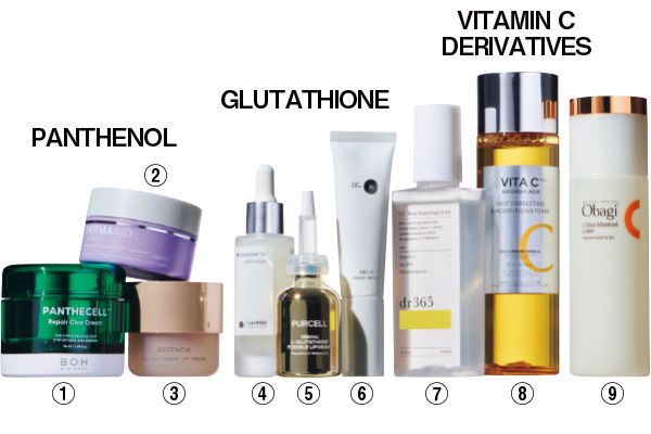 【1】パンテセル リペアシカクリーム 【2】ダーマエイド トリプルアクティブクリーム 【3】ディセンシー ブライトリフト クリーム 【4】SHIMBI METHOD ダーマセラム グルタチオン 3％ 【5】パーセル フレキシブル リポG フェイスセラム 【6】ABC-Gリペアセラム 【7】V.C. モイストリニューイングローション 【8】ミシャ ビタシープラス化粧水 【9】オバジC クリアアドバンスドローション