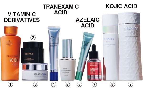 【1】VC100エマルジョンEX 【2】ファミュ ルミエール コンセントレートクリーム 【3】サナ グラスーン グルタブライト VC リフタンクリーム 【4】トランシーノ薬用メラノシグナルエッセンス 【5】セルフホワイトニング ミッション 【6】ダーマセプトRX AZAセラム 【7】VT A1カーミング アンプル 【8】インフィニティ イノベイティブ ブライト ローション XX 【9】AQ アブソリュート ローション ブライト