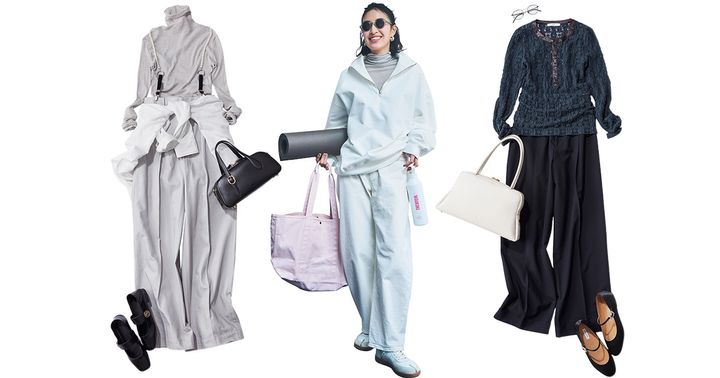 タートルネックロンTとグレーワイドデニムのコーデとタートルロンTにハーフジップスウェットと白デニムを合わせたコーデと透けレーストップスとネイビーパンツを合わせたコーデ