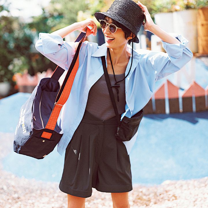 気温２７度の日におすすめのタンクトップ×ショーパン×シャツ×サングラス×ハットの神山まりあさん