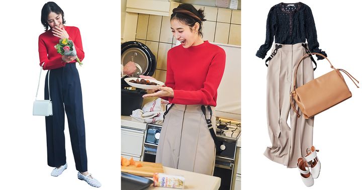 赤ニットとネイビーワイドパンツのコーデと赤ニットとベージュのサスペンダーパンツのコーデと透けレーストップスとベージュのサスペンダーパンツのコーデ