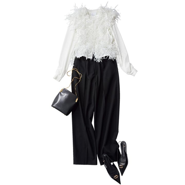 フリンジベストでキレイめなモノクロコーデ