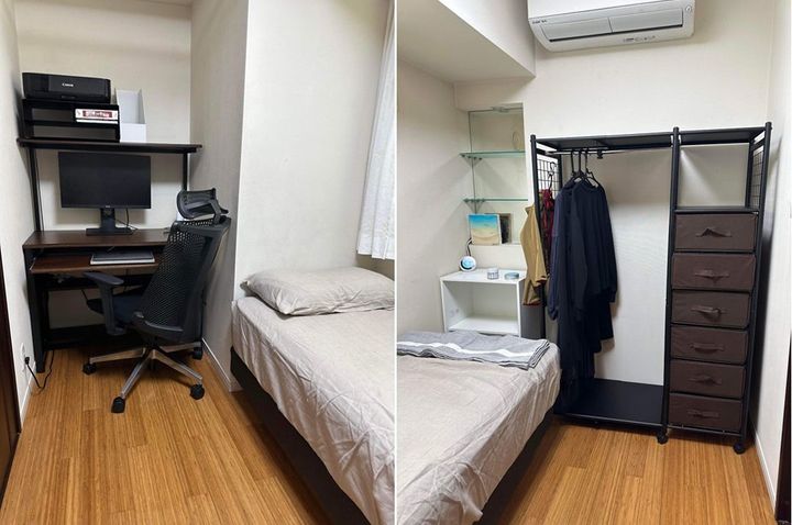 夫にはワークスペースとして収納付きデスク、妻には就寝用ベッドと癒し棚を設置した4畳個室