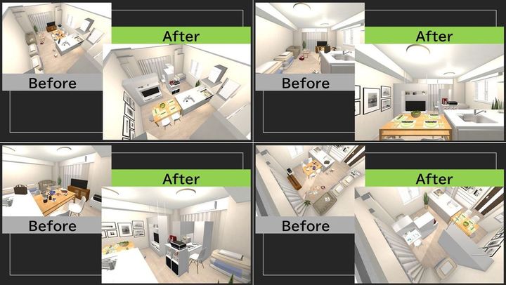 リビング。間仕切り収納を設置し、次女や夫のスペースを確保