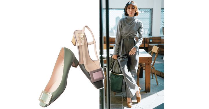 ロジェ・ヴィヴィエの春色のローヒールパンプスとグレーの全身ワントーンコーデにトッズのブラウンシューズを履いた河北麻友子さん